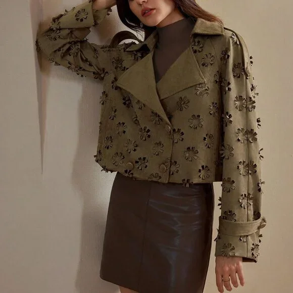 Khaki Casual Women's Collar 3d Laser Floral Embossed Jacket Coat - Picture 8 of 8